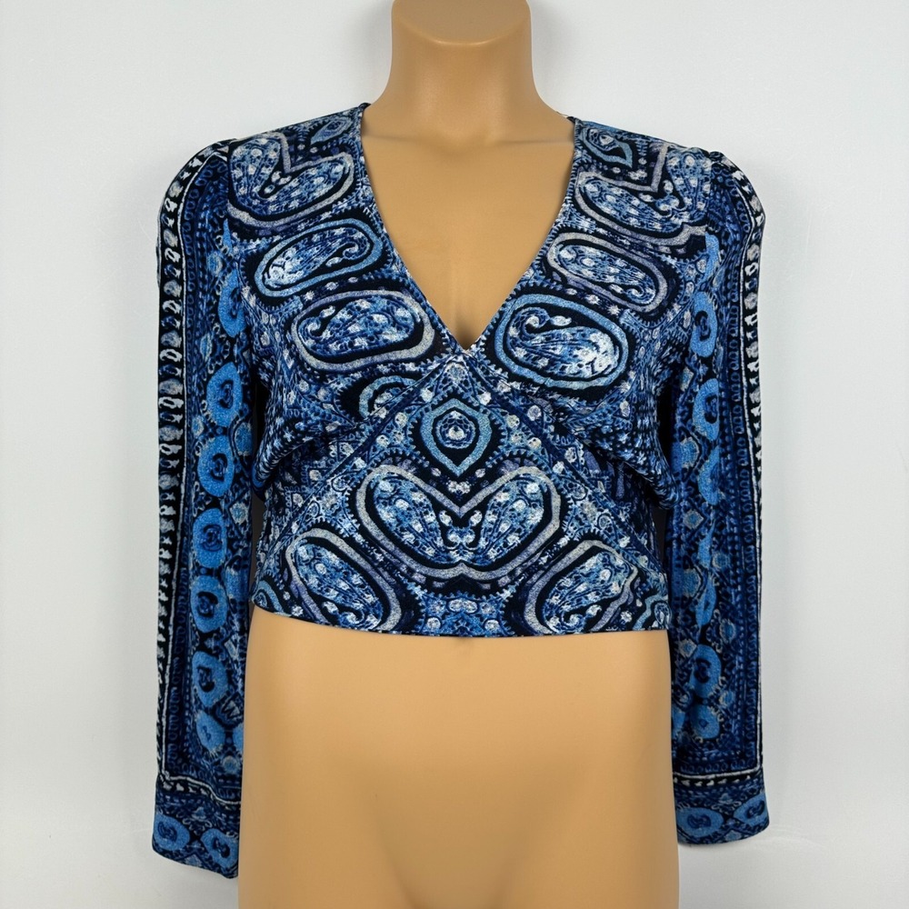 Free People Blouse Wild and Free Crop Top Bohemian Blue Black Womens Small S